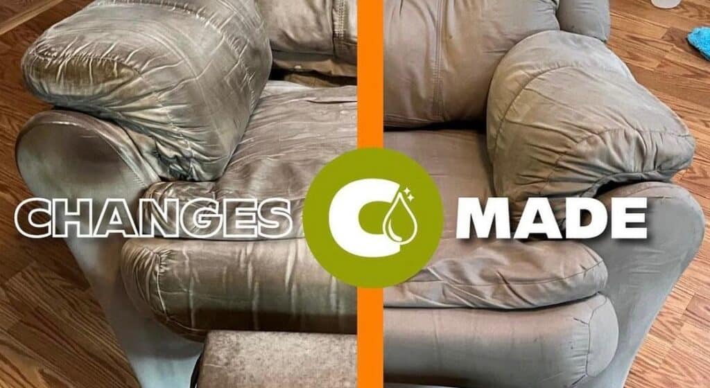 Before and after professional upholstery cleaning in Austin by Cleanigy showing a restored armchair.