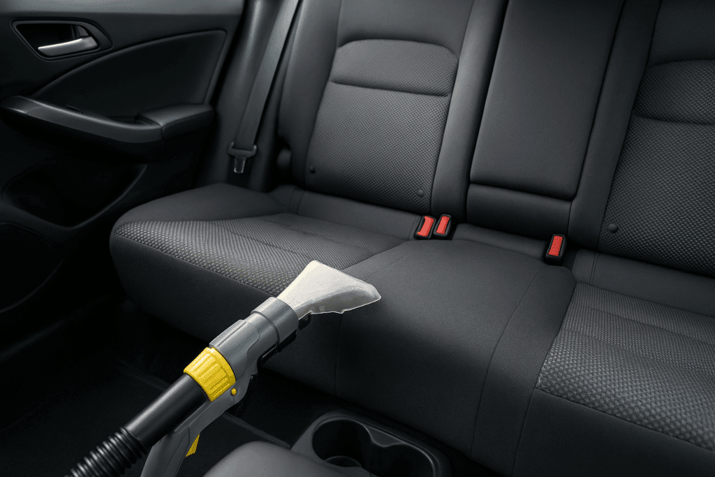 High-resolution image of a professional car seat cleaning service in Austin, showing a technician deep cleaning the interior upholstery of a vehicle.