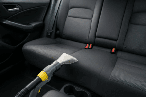High-resolution image of a professional car seat cleaning service in Austin, showing a technician deep cleaning the interior upholstery of a vehicle.