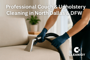 Technician performing professional eco-friendly couch and upholstery cleaning in North Dallas and DFW by Cleanigy.