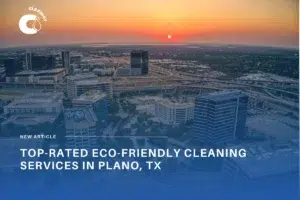 Aerial view of Plano Texas skyline at sunset used as header image for Cleanigy’s eco-friendly carpet, upholstery and home cleaning services.